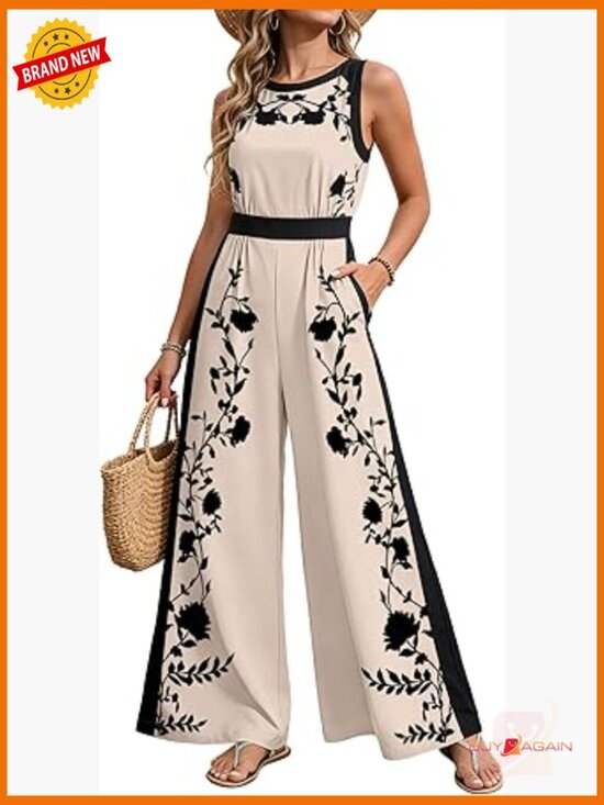 Pants - Casual Sleeveless Floral Jumpsuit with Pockets Wide Leg Romper